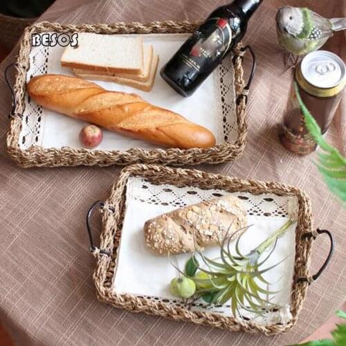 Creative Hand-woven Sisal Binaural Shopping Basket Dried Fruit Pastry Storage Kitchen Table Tray Photo Shooting Props Decoration