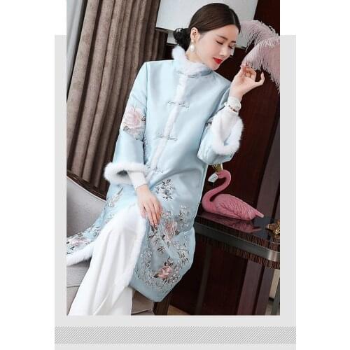 Traditional Chinese style retro embroidered big size rabbit fur hem cotton lining long section jacket outwear for women