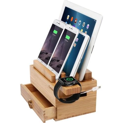 ICozzier Mini Bamboo Stand With Drawer Multi-device Charging Station and Cord Organizer Tablet Phone Stand Dock for Apple Watch