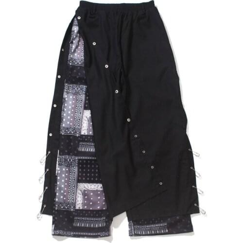 Mens Floral Print Patchwork Long Loose Trousers Hip-hop Wide Leg Pants Metal Decor Casual