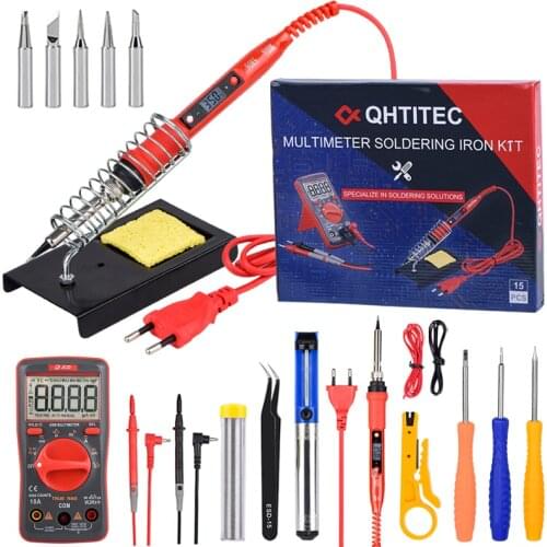 QHTITEC Electric Soldering Iron Kits Portable LCD Welding Tool Tin Adjustable Temperature Wooden Iron Set for Diy Kit Tip 80W