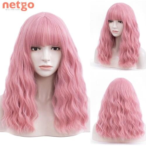 Netgo Medium Long Wavy Synthetic Wig Pink/Blonde Wigs with Bangs Heat Resistant Hair for Women Daily Party Cosplay Halloween