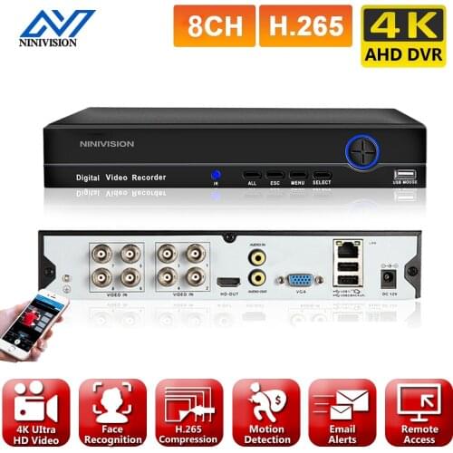 NINIVISION 8CH 4K AHD DVR AI H.265 Hybrid 8 Megapixel NVR Digital Video Recorder for 2MP 4MP 5MP 8MP AHD/TVI/CVI/XVI/IP Cameras