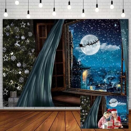 Christmas Backdrop Tree Santa Claus Elk Winter Night Moon Window Child Photography Background Photo Studio Decor Props Photozone