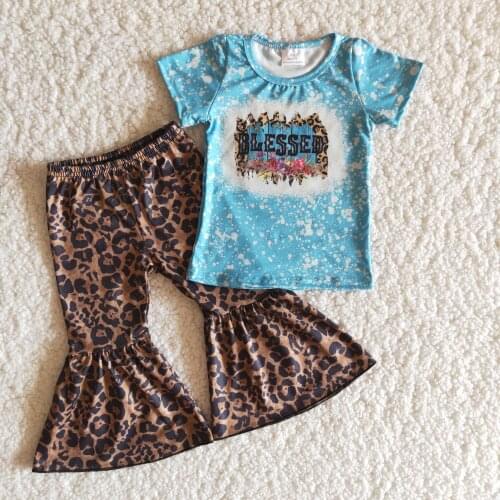 Blessed girl shirt blue top and Cheetah bell bottom pants Baby Outfit