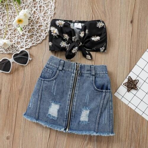 Citgeett Summer Fashion Kids Girls Clothes Sets Strapless Floral Printed Bow Vest Tops Denim Zipper A-Line Skirts Clothing