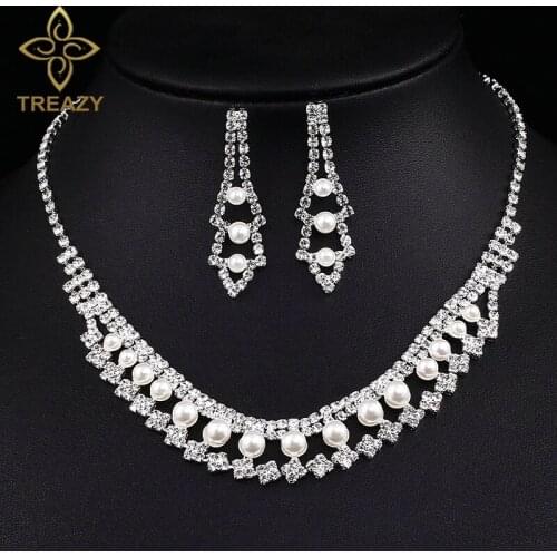 TREAZY Bridesmaid Bridal Jewelry Sets Simulated Pearl Crystal Choker Necklace Earrings Set Women African Wedding Jewelry Sets