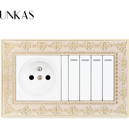 UNKAS Zinc Alloy Metal Panel Russia Spain French Standard Socket + 4 Gang 1 / 2 Way On / Off Light Switch Embossing Retro Frame