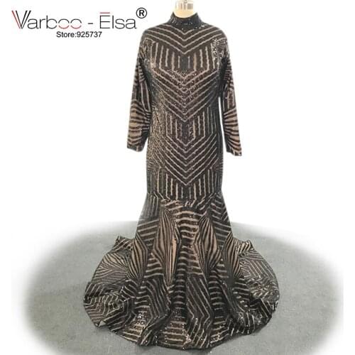 VARBOO_ELSA 2018 Custom Mermaid Evening Dresses Black Sequined Long Sleeve Prom Dress Glitter Bling Bling Arab Muslim Party Gown