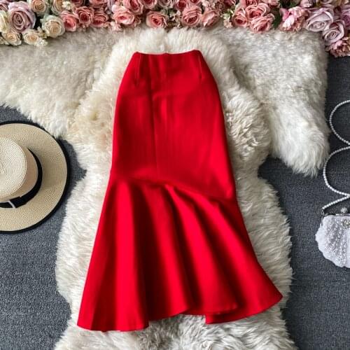 Spring Autumn New Ruffle Skirt Women Over The Knee OL Professional Hip Fishtail Skirt High Waist Slim Stretch Skirt UK905