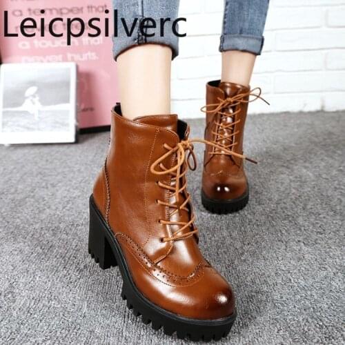 Martin boots Spring and autumn The New fashion Round head Lace up High heel Short tube Womens shoes plus size 33-42 8cm high