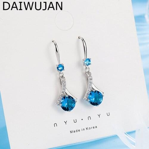 DAIWUJAN Light Luxury Crystal 925 Sterling Silver Drop Earrings Round Blue Gemstone Hoop Type Earrings For Women Fashion Jewelry