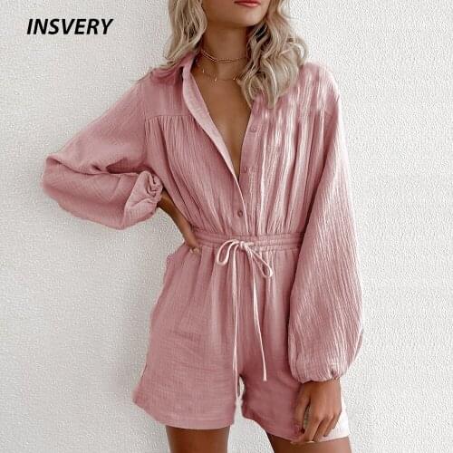 Summer Casual Jumpsuit Women Long Sleeve Button Drawstring Pocket Loose Jumpsuits For Women Fashion Playsuits Overalls 2021
