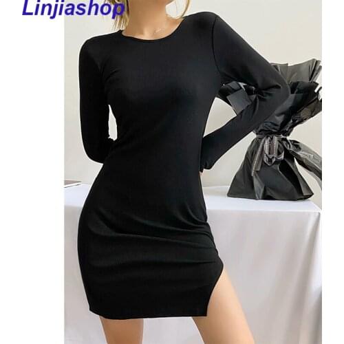 Womens Summer Dress Long sleeve Round neck Black Short Sexy Stretchy Tight Mini Dresses Side split Harajuku Chic Clothing