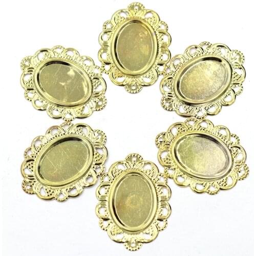 20Pcs Embellishment Connectors Oval Flower Pattern Hollow Gold Plated Craft Jewelry DIY Findings 32x24mm Fit Cameo 13x18mm