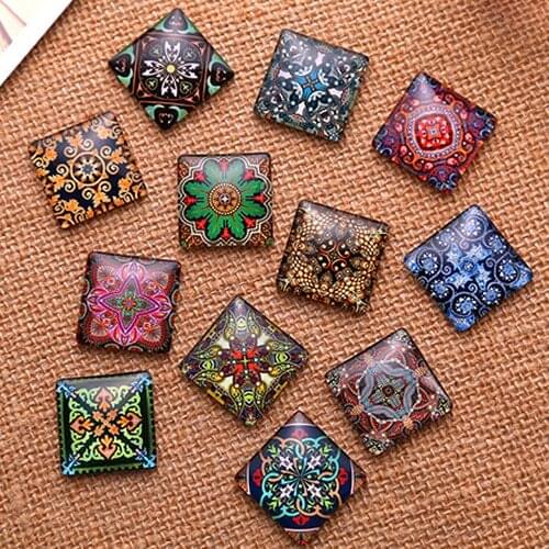 25mm Random Mixed Retro Flowers Square Glass Cabochon Flatback Photo Base DIY Jewelry Making accessory by pair 10pcs K04765