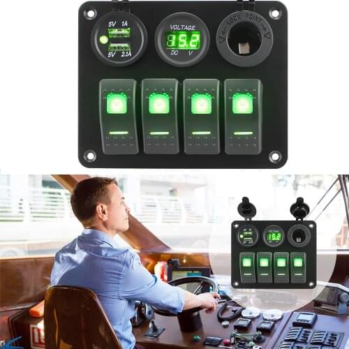 4 Gang Aluminum Panel Digital Voltmeter LED Rocker Switch Panel Dual USB Port DC 12V/24V Interior Accessories Circuit Breaker
