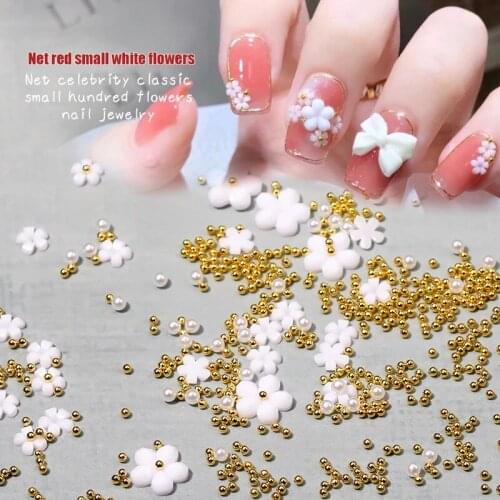 White Resin Five Petal Flower Metal Beads Mixed Size Nail Art Decorations 3D Japan Charms Nails Accessories DIY Rhinestone SP23