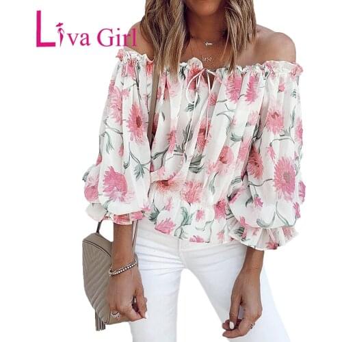 Liva Girl Floral Print Sexy Off the Shoulder Blouse Woman 2021 Summer Oversize Loose Shirt Female Plus Size Elegant Tops 2XL