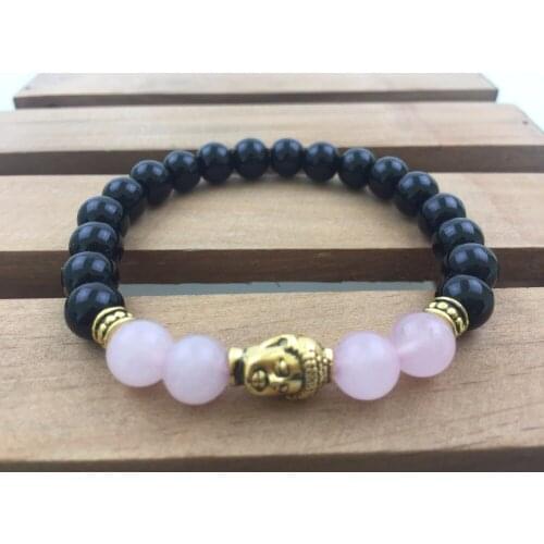 Natural Pink Crystal BlackAgate Bracelet Fashion Bracelets Buddha Bracelets Natural Stone Round Beads Bracelet Yoga Mala Beads