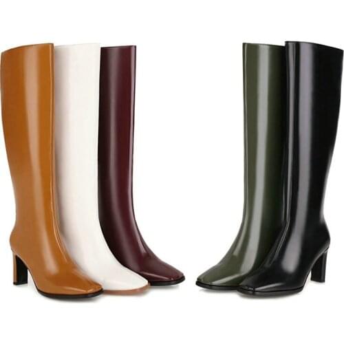 Brand Spring Women Boots Knee High Boots Faux Leather Square Toe Thick Heel Fashion Casual Side Zipper Ladies Autumn Boots