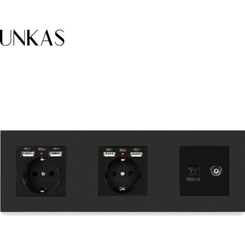 UNKAS EU Standard Black Plastic Panel Dual Socket With 4 USB Charging Port + RJ11 Telephone Jack TV Television Connector