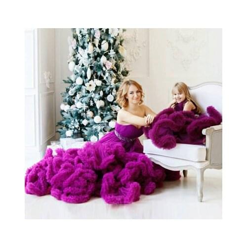 Purple Ruffle Tulle Dress For Mother and Daughter Pleated Sweetheart Long Dress Women Photo Shoot Mom & Me Tulle Maternity Dress