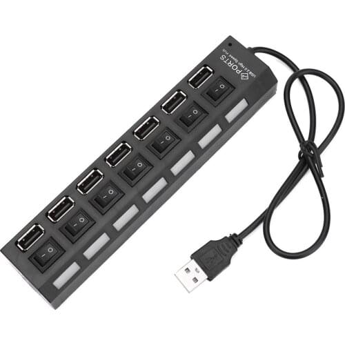 Intelligent USB 2.0 Adapter HUB 7 Port Expander Multiple High-speed LED ON/OFF Power Switch Office Computer Cables