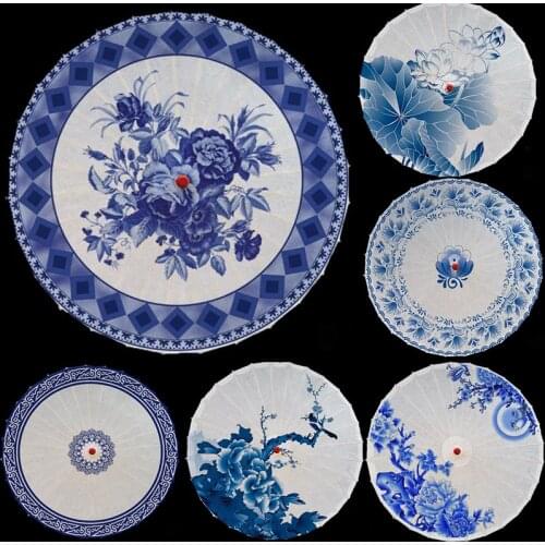 Chinese Costume Style Blue And White Porcelain Silk Cloth Umbrella Craft Umbrella Dance Performance Ceiling Decoration Umbrella