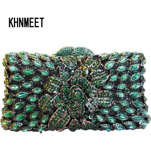LaiSC Handmade Women Handbag Green Diamante Evening Bag Crystal Clutch Purse Rose Flower Hollow Out Mini Party Wedding Bag SC230