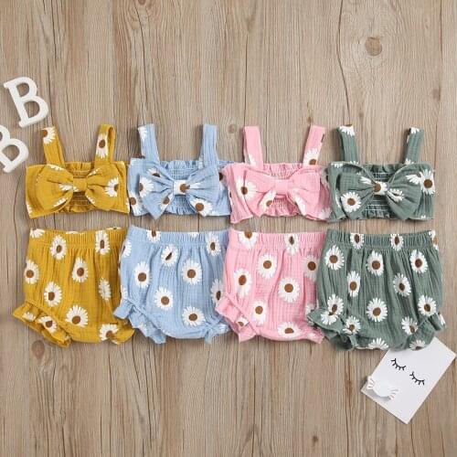 0-24M 2pcs Summer Baby Girls Cute Clothes Sets Sunflowers Printed Sleeveless Bowknot Vest Tops Shorts