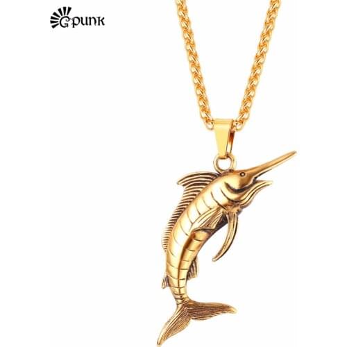Gold Color Mens Necklace With Chain swordfish black color unique animal jewelry P33G