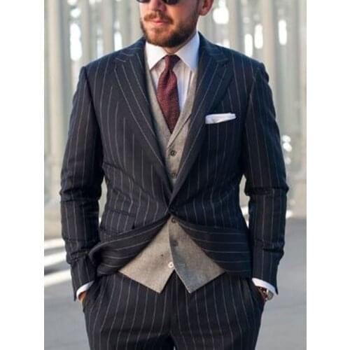 ANNIEBRITNEY Black 3 Piece Wide Stripe Men Suit With Khaki Waistcoat Cutsom Groom Wedding Tuxedo High End Prom Wedding Men Suit