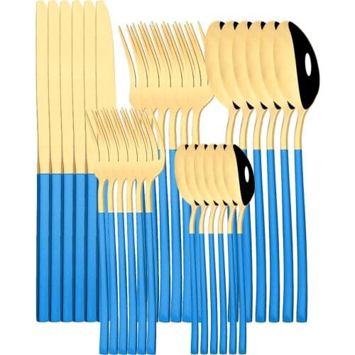 30Pcs Dinnerware Set Blue Gold Mirror Fork Tea Spoon Knife Cutlery Stainless Steel Western Flatware For Kitchen Tableware Set