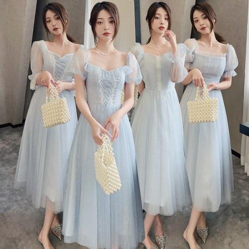 New Light Blue Bridesmaid Dresses Tea Length Lace Ruffles With Sleeves vestido de fiesta de boda vestidos de noite فساتين بنات