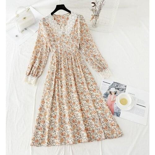 2021 Vintage Lace V-neck Long sleeve Chiffon Dress Women Floral Print High Waist Female A-line Long Dress Spring Vestidos