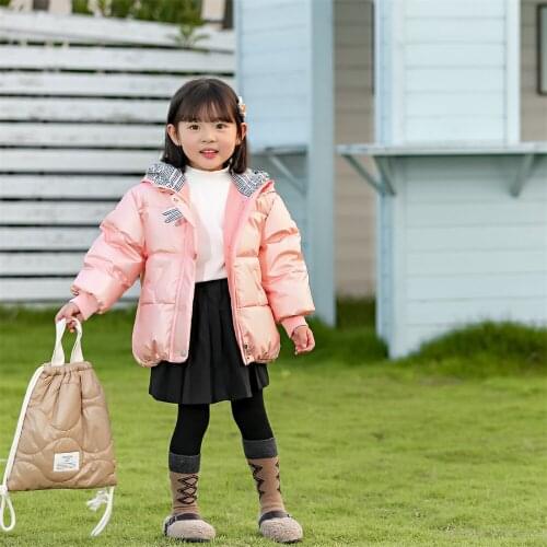 Girls' down jacket thickened hooded childrens cartoon rabbit down jacket solid color coat