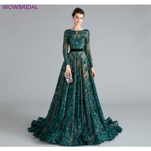 Dubai A-Line Luxury Evening Dress Muslim 2020 Vintage Long Sleeves Sequins Sparkle Prom Party Gowns