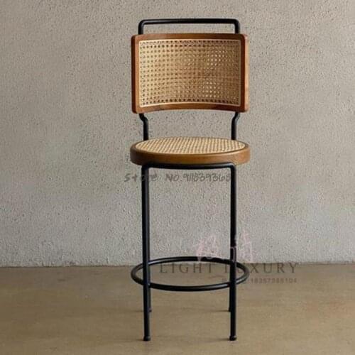 Nordic light luxury fashion woven rattan bar chair metal solid wood bar chair backrest casual simple high chair chair customizat