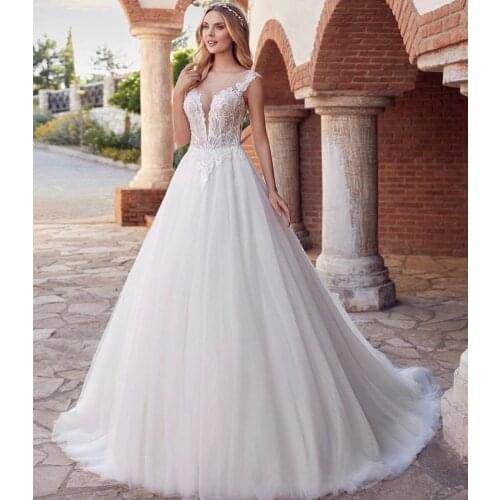 Wedding Dress A-Line Sheer Neck Cap Sleeve Lace Appliques Sequined Zipper Floor Length Sweep Train Elegant Bride Gown 2021