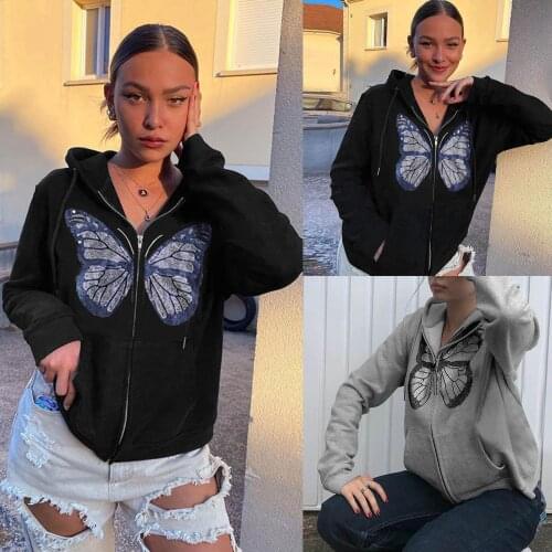 Hoodies Y2K Fashion Oversized Butterfly Graphic Rhinestone Zip Up Hoodies E-girl 90s Streetwear Diamond Grey Long Jacket Autumn