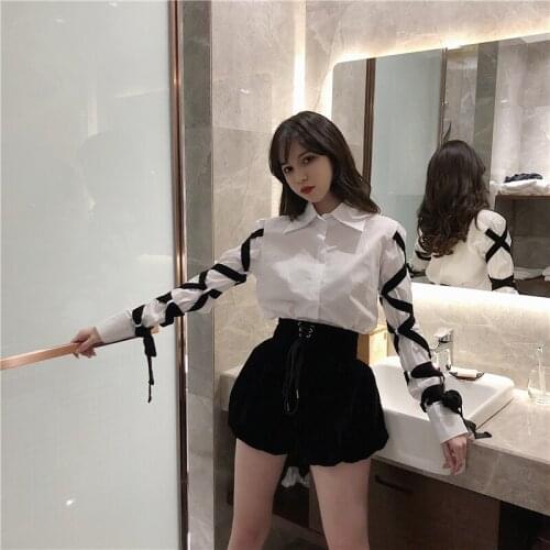 2021 Autumn Top Blouse Fashion Casual Office Lady Female Blous Long Sleeve Shirt Women Stitching Black Bandage
