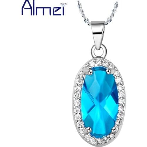 Almei Cute Makeup Long Necklace Oval Ocean Blue Crystal Stone Pendant For Women Wedding Necklaces Silver Color Jewellery N384