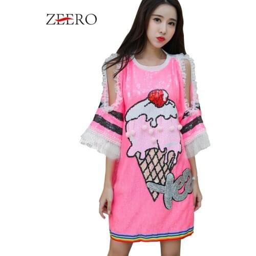 Women Ice Cream Cartoon Sequins Ruffles T Shirt Dresses Female Oversize Sexy Hollow Out Off Shoulder Summer Dress Vestidos Mujer
