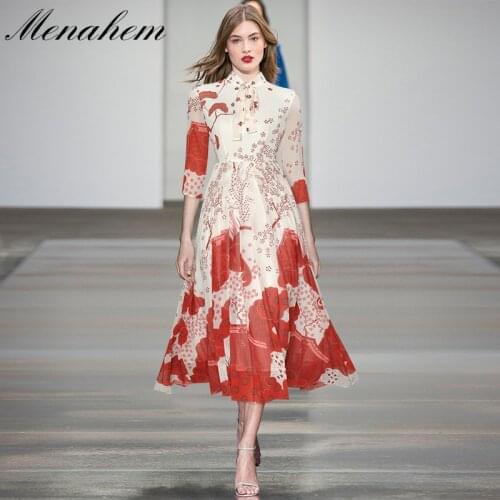 Menahem Autumn Fashion Runway Long Dress Women Bowtie Collar 3/4 Sleeve Flower Print High Waist Elegant Chiffon Party Vestidos