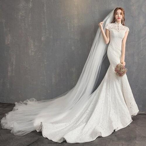 Beautiful Lace Fabric Mermaid Wedding Dress 2021 Short Sleeves Sweep Train High Neck New Bride Gown Vestidos Robe De Mariée