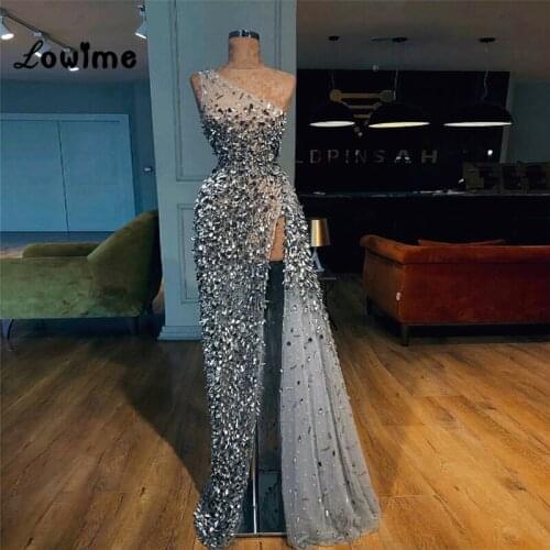 One Shoulder Crystal Beaded Prom Dresses Illusion Sexy Party Gowns 2018 New Couture Women Evening Dress Vestidos Robe De Soiree