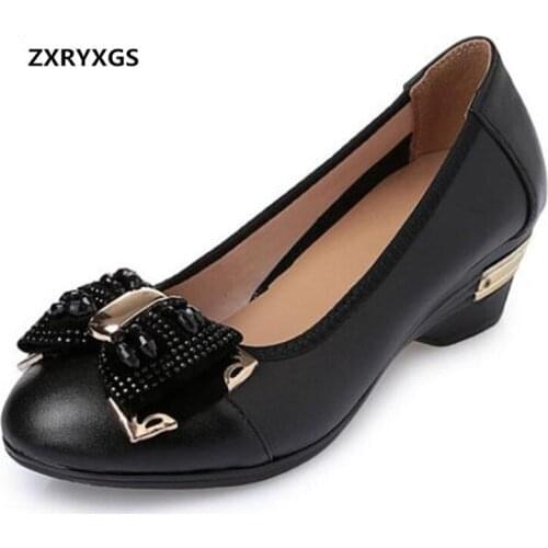 ZXRYXGS Women Black Shoes Rhinestone Bow Genuine Leather Shoes Plus Size Soft Comfortable Non-slip Fashion Shoes High Heels 4 cm