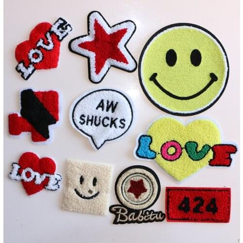 2 Pcs Smiley face Dialog Box Love Heart shape Towel embroidery icon Iron on Patches for Clothing DIY Stripes Custom Badges