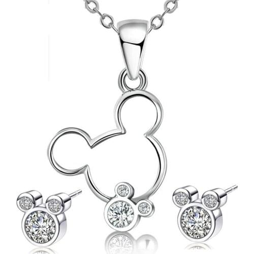 2pcs Disney Mickey mouse Cartoon Women necklace crystal stud earring Pendant jewelry lady earring gift Sweater Doll Accessories